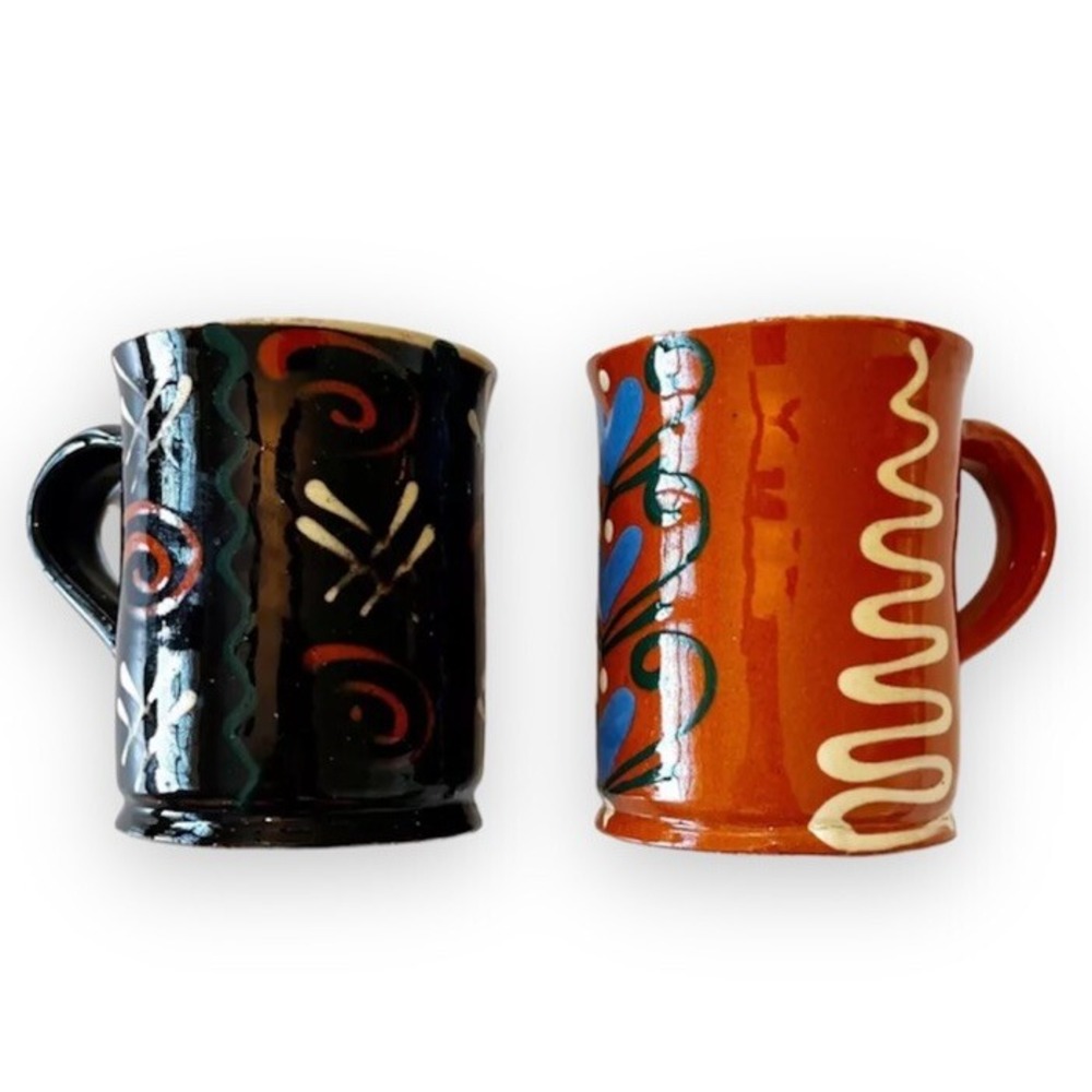 Vintage Pottery Set of 2 Hand Painted Bohemian Geometric Pattern Mugs w/Handles